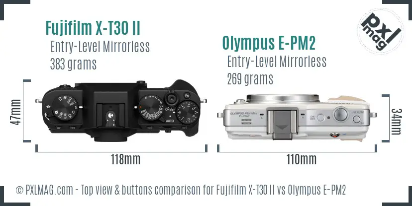 Fujifilm X-T30 II vs Olympus E-PM2 top view buttons comparison