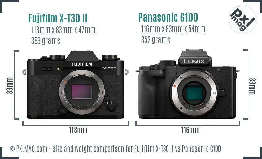 Fujifilm X-T30 II vs Panasonic G100 size comparison