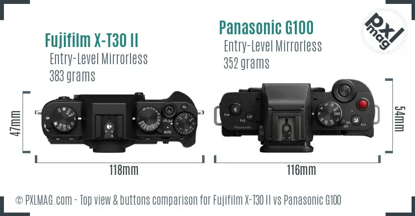Fujifilm X-T30 II vs Panasonic G100 top view buttons comparison