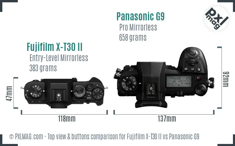 Fujifilm X-T30 II vs Panasonic G9 top view buttons comparison Fujifilm X-T30 II vs Panasonic G9 top view buttons comparison
