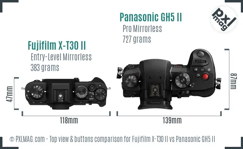 Fujifilm X-T30 II vs Panasonic GH5 II top view buttons comparison