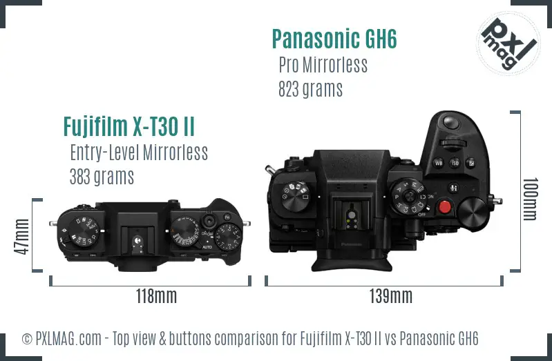 Fujifilm X-T30 II vs Panasonic GH6 top view buttons comparison