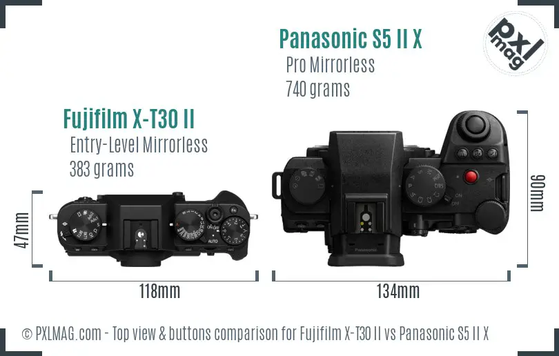 Fujifilm X-T30 II vs Panasonic S5 II X top view buttons comparison Fujifilm X-T30 II vs Panasonic S5 II X top view buttons comparison