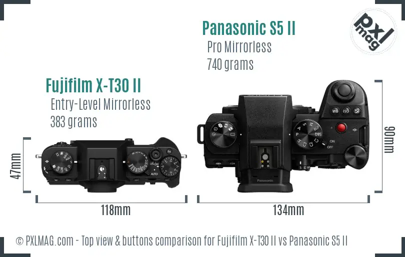Fujifilm X-T30 II vs Panasonic S5 II top view buttons comparison