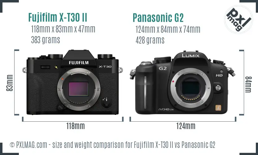 Fujifilm X-T30 II vs Panasonic G2 size comparison