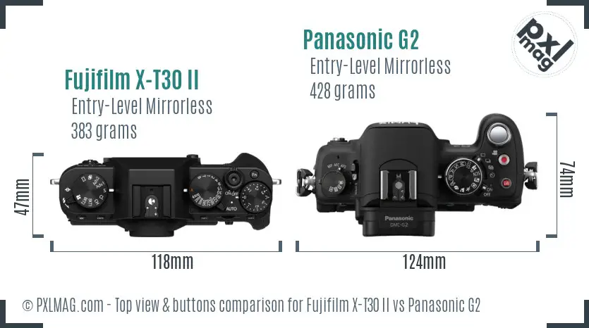 Fujifilm X-T30 II vs Panasonic G2 top view buttons comparison