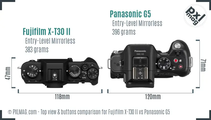 Fujifilm X-T30 II vs Panasonic G5 top view buttons comparison