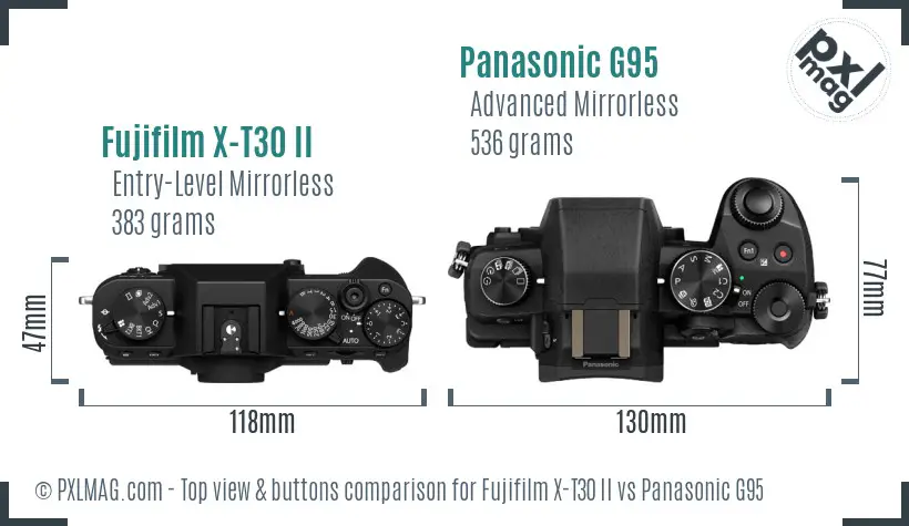 Fujifilm X-T30 II vs Panasonic G95 top view buttons comparison Fujifilm X-T30 II vs Panasonic G95 top view buttons comparison