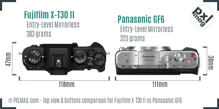 Fujifilm X-T30 II vs Panasonic GF6 top view buttons comparison