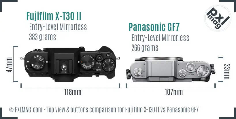 Fujifilm X-T30 II vs Panasonic GF7 top view buttons comparison