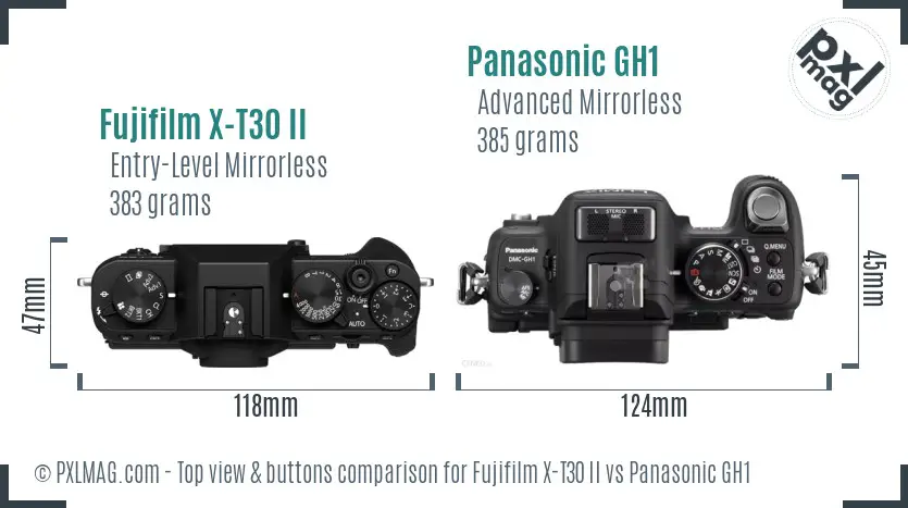 Fujifilm X-T30 II vs Panasonic GH1 top view buttons comparison