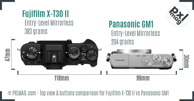Fujifilm X-T30 II vs Panasonic GM1 top view buttons comparison
