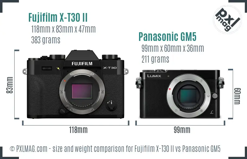 Fujifilm X-T30 II vs Panasonic GM5 size comparison