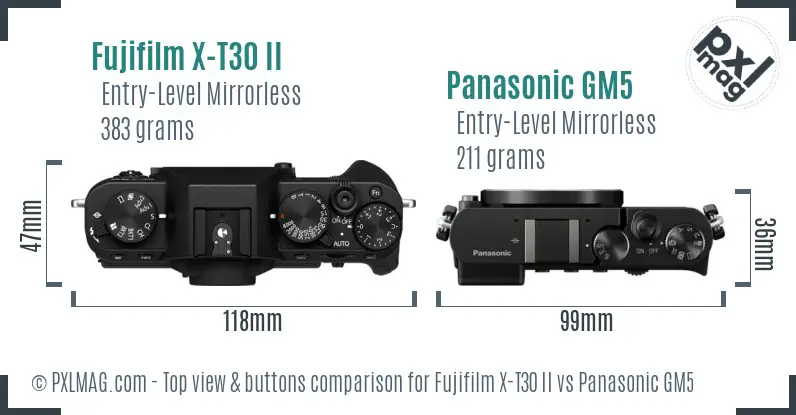 Fujifilm X-T30 II vs Panasonic GM5 top view buttons comparison