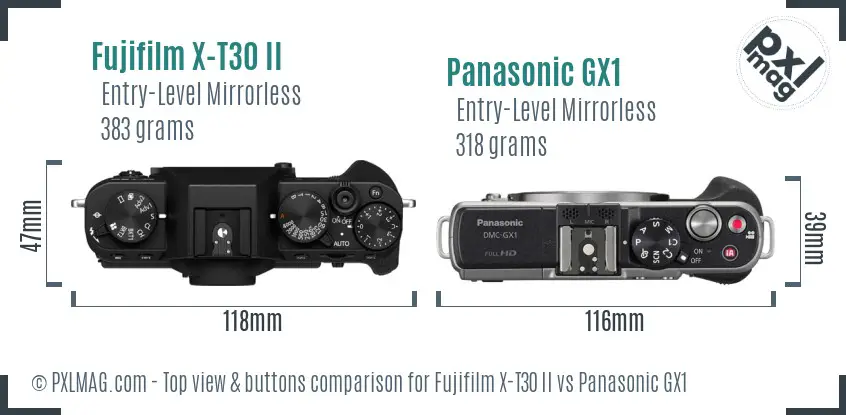 Fujifilm X-T30 II vs Panasonic GX1 top view buttons comparison