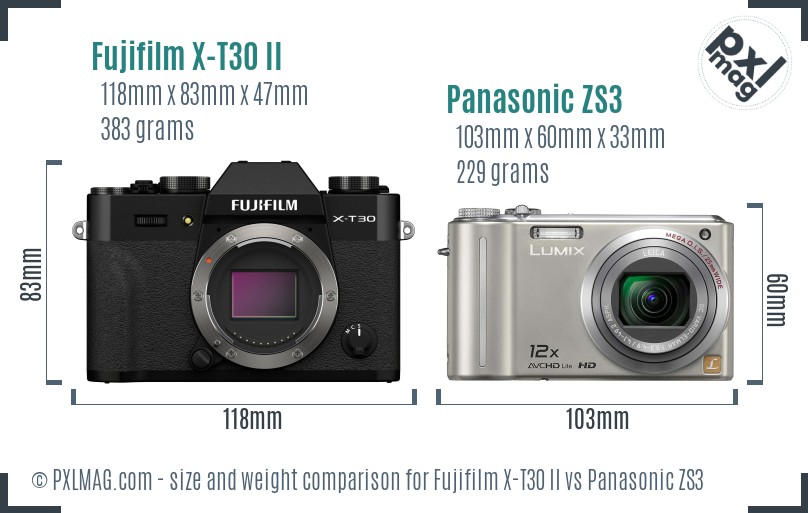 Fujifilm X-T30 II vs Panasonic ZS3 size comparison