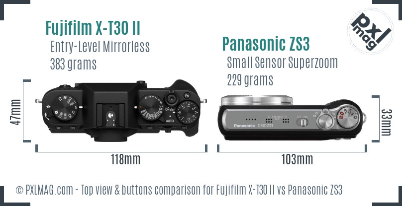 Fujifilm X-T30 II vs Panasonic ZS3 top view buttons comparison