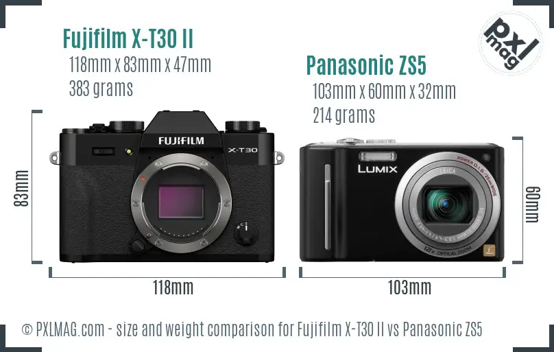 Fujifilm X-T30 II vs Panasonic ZS5 size comparison