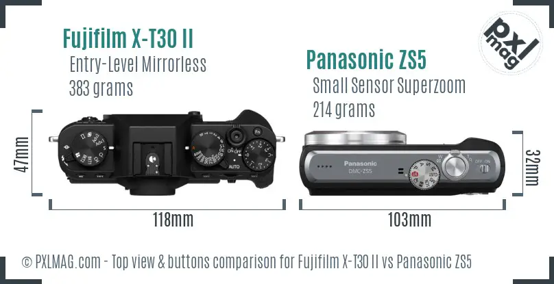 Fujifilm X-T30 II vs Panasonic ZS5 top view buttons comparison