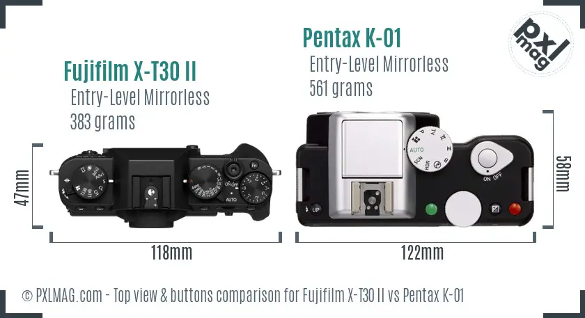 Fujifilm X-T30 II vs Pentax K-01 top view buttons comparison