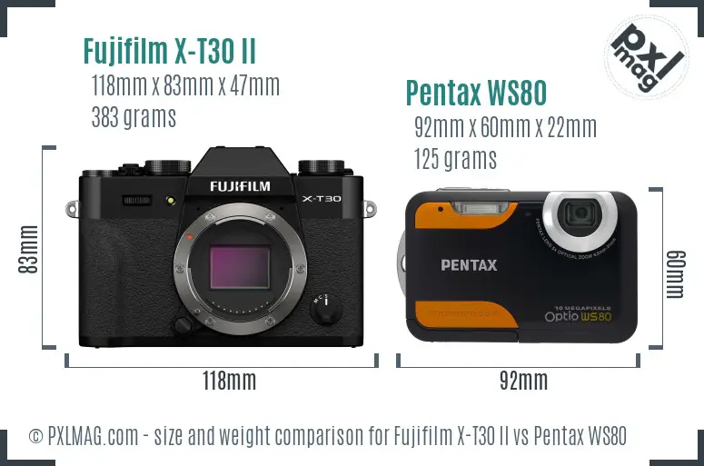 Fujifilm X-T30 II vs Pentax WS80 size comparison