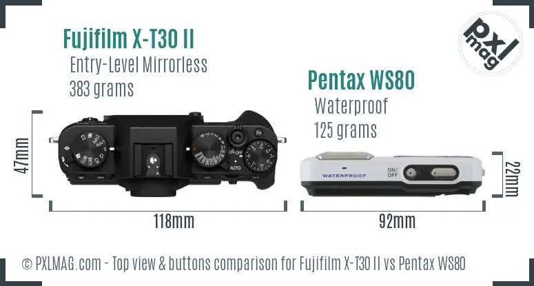 Fujifilm X-T30 II vs Pentax WS80 top view buttons comparison