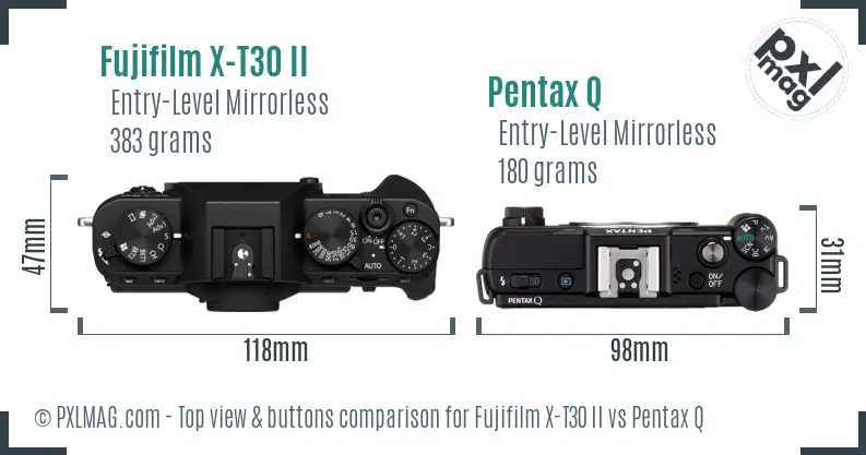 Fujifilm X-T30 II vs Pentax Q top view buttons comparison