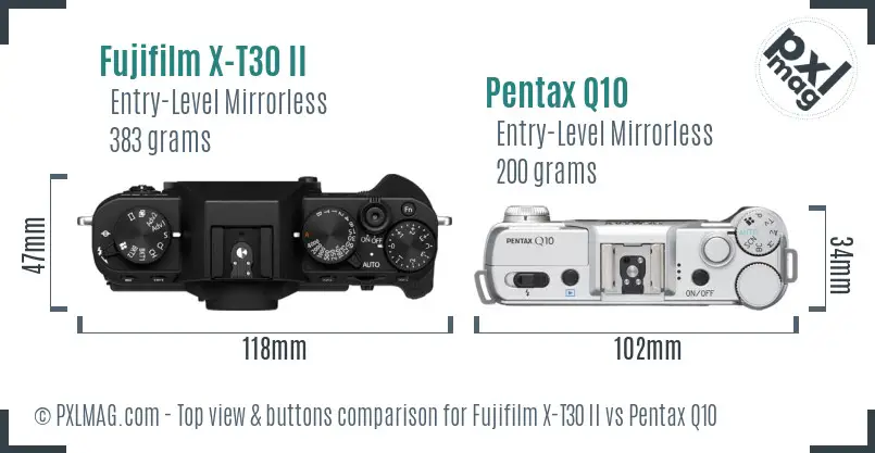 Fujifilm X-T30 II vs Pentax Q10 top view buttons comparison