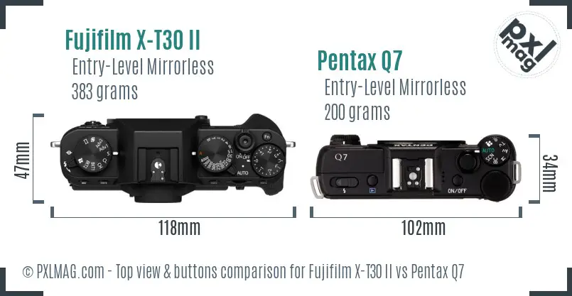 Fujifilm X-T30 II vs Pentax Q7 top view buttons comparison