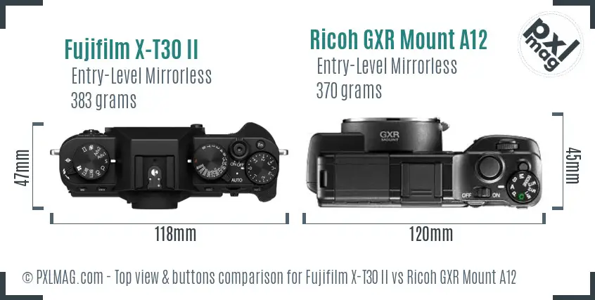 Fujifilm X-T30 II vs Ricoh GXR Mount A12 top view buttons comparison