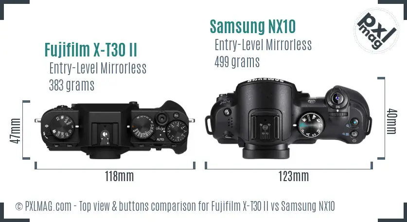Fujifilm X-T30 II vs Samsung NX10 top view buttons comparison