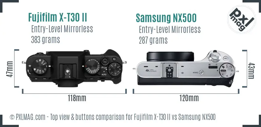 Fujifilm X-T30 II vs Samsung NX500 top view buttons comparison