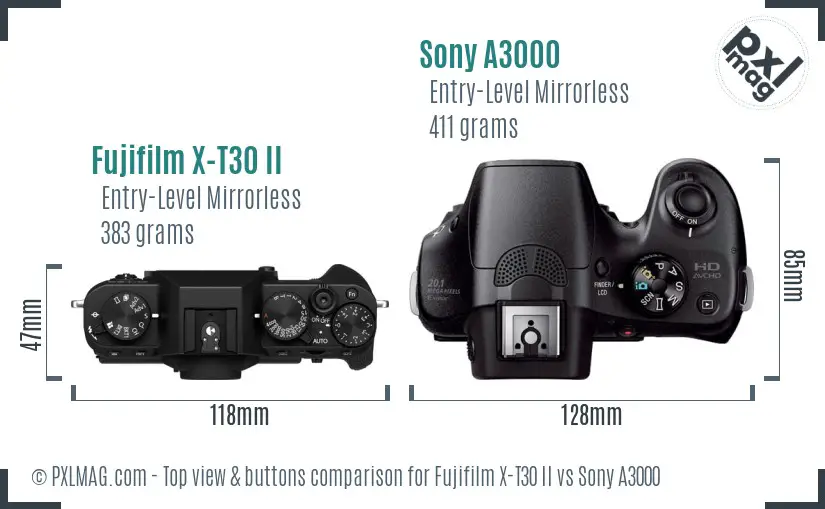 Fujifilm X-T30 II vs Sony A3000 top view buttons comparison
