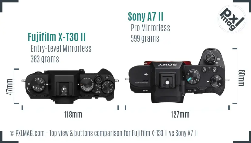 Fujifilm X-T30 II vs Sony A7 II top view buttons comparison