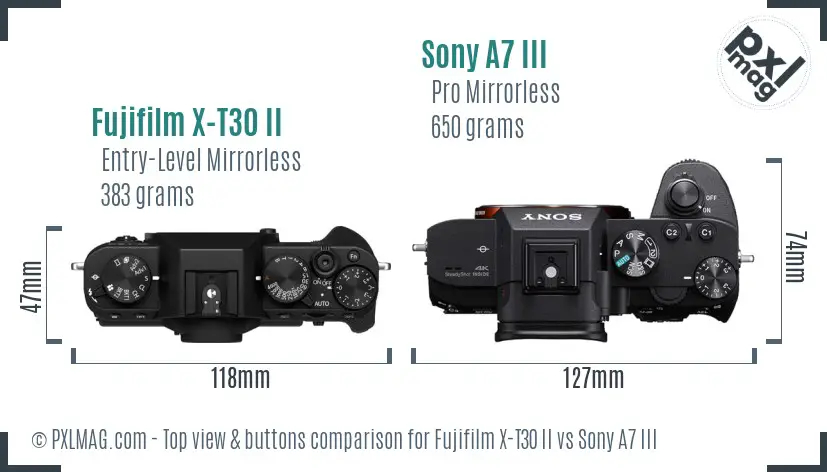 Fujifilm X-T30 II vs Sony A7 III top view buttons comparison