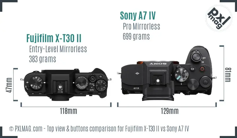 Fujifilm X-T30 II vs Sony A7 IV top view buttons comparison