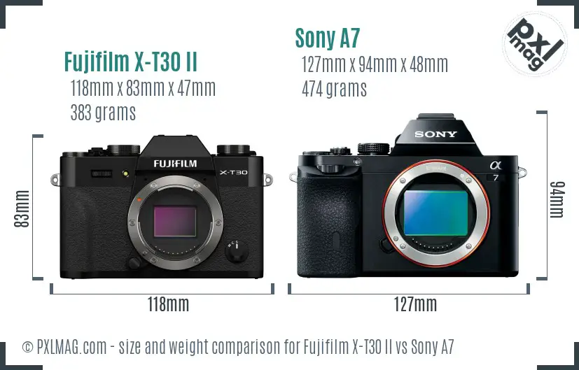 Fujifilm X-T30 II vs Sony A7 size comparison