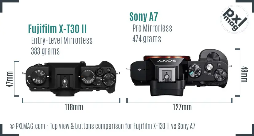 Fujifilm X-T30 II vs Sony A7 top view buttons comparison