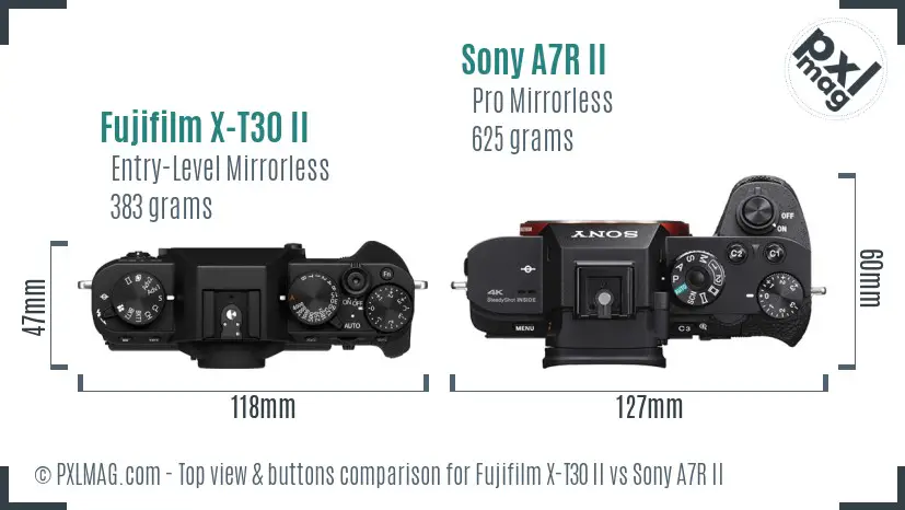 Fujifilm X-T30 II vs Sony A7R II top view buttons comparison