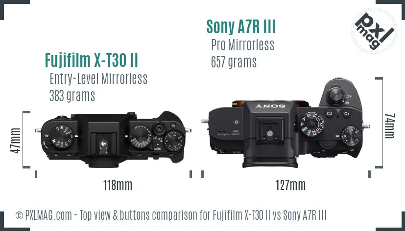 Fujifilm X-T30 II vs Sony A7R III top view buttons comparison