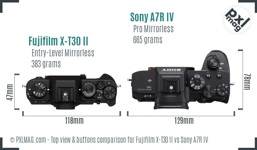 Fujifilm X-T30 II vs Sony A7R IV top view buttons comparison