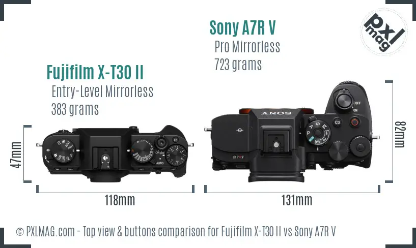 Fujifilm X-T30 II vs Sony A7R V top view buttons comparison