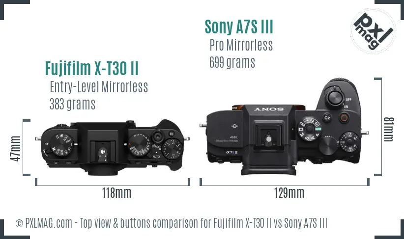 Fujifilm X-T30 II vs Sony A7S III top view buttons comparison