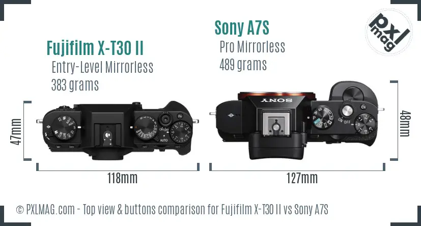 Fujifilm X-T30 II vs Sony A7S top view buttons comparison