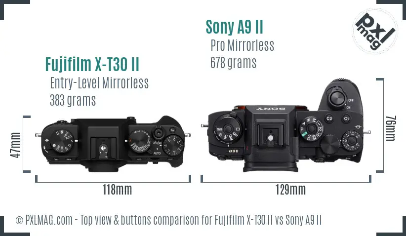 Fujifilm X-T30 II vs Sony A9 II top view buttons comparison