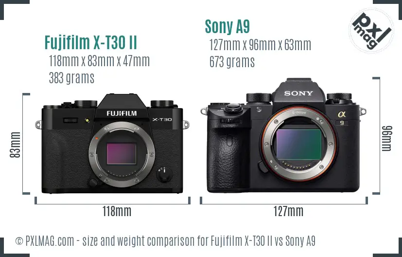 Fujifilm X-T30 II vs Sony A9 size comparison