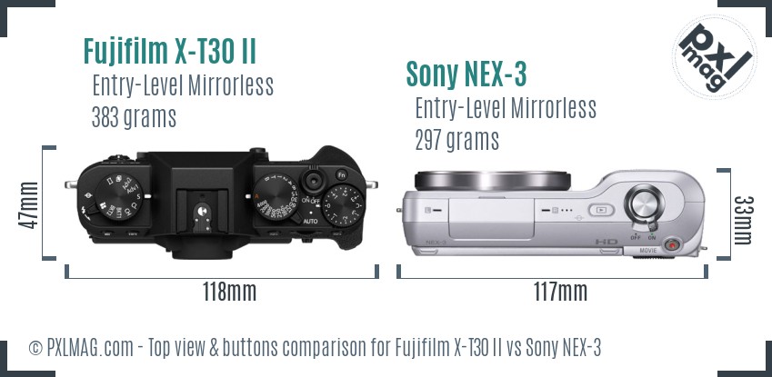 Fujifilm X-T30 II vs Sony NEX-3 top view buttons comparison