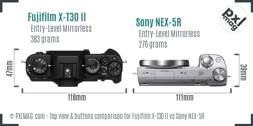 Fujifilm X-T30 II vs Sony NEX-5R top view buttons comparison
