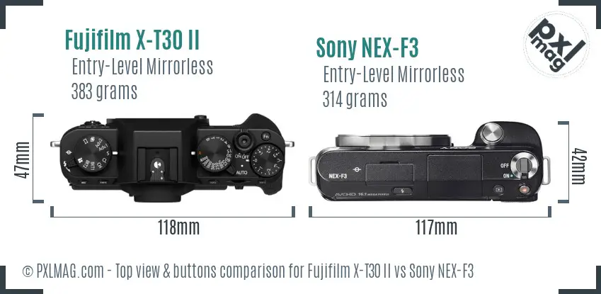 Fujifilm X-T30 II vs Sony NEX-F3 top view buttons comparison