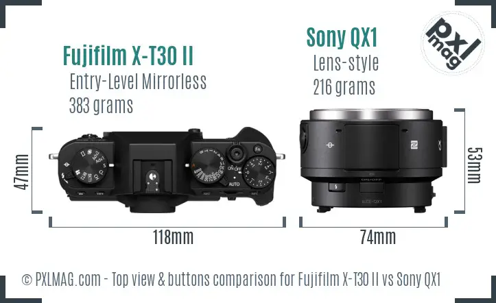 Fujifilm X-T30 II vs Sony QX1 top view buttons comparison